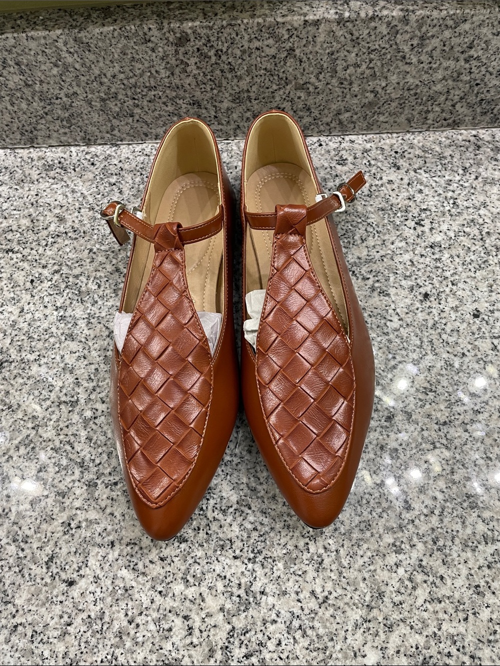 Woven Pointed Mary Jane Flats in Brown
